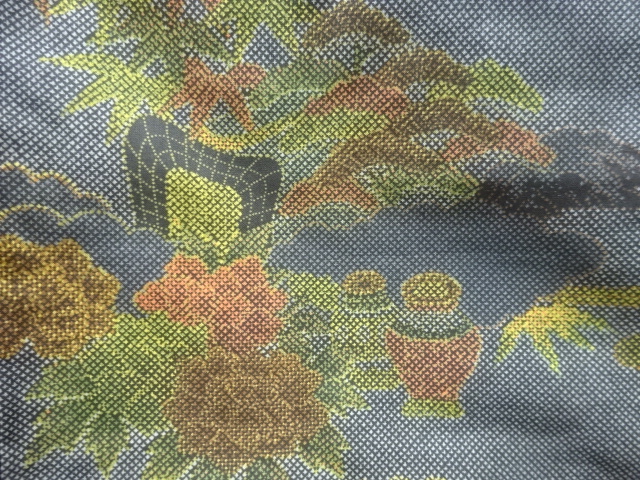  アンティーク　扇に壷・草花模様本場大島紬着物(染)